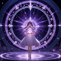 Anime Magic, an anime girl wearing glowing white and light purple dress casting magic spell, standing inside a glowing light purple magic circle, glowing magic effects, glowing light purple cross, special effects, magic circle, highly detailed, ultra-high resolutions, 32K UHD, best quality, masterpiece,