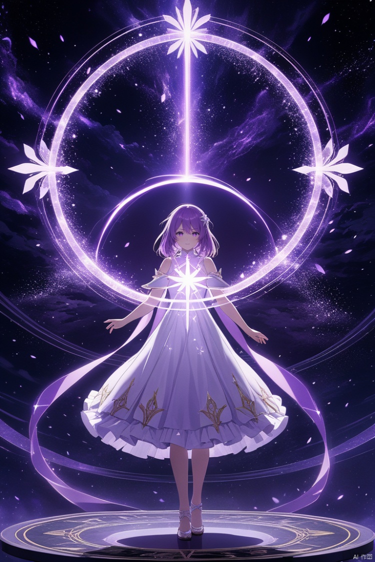 Anime Magic, an anime girl wearing glowing white and light purple dress casting magic spell, standing inside a glowing light purple magic circle, glowing magic effects, glowing light purple cross, special effects, magic circle, highly detailed, ultra-high resolutions, 32K UHD, best quality, masterpiece,