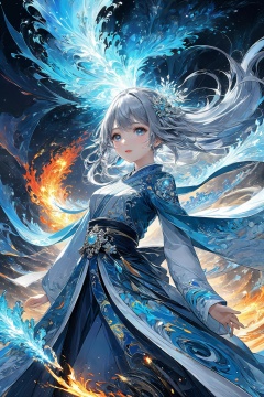 (masterpiece, top quality, best quality, official art, beautiful and aesthetic:1.2),(1girl:1.2),cute,extreme detailed,(abstract:1.4, fractal art:1.3),(silver_hair:1.1),fate \(series\),colorful,highest detailed,fire,ice,lightning,(splash_art:1.2),jewelry:1.4,hanfu,scenery,ink,