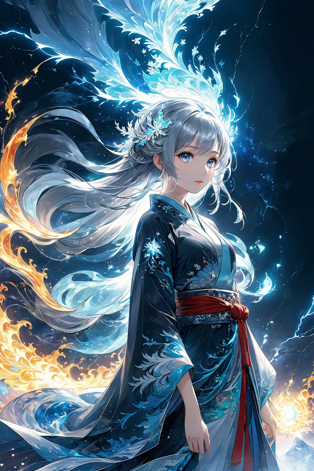 (masterpiece, top quality, best quality, official art, beautiful and aesthetic:1.2),(1girl:1.2),cute,extreme detailed,(abstract:1.4, fractal art:1.3),(silver_hair:1.1),fate \(series\),colorful,highest detailed,fire,ice,lightning,(splash_art:1.2),jewelry:1.4,hanfu,scenery,ink,<lora:雷元素-特效[SDXL白棱Lora]_v1.0:0.8>,