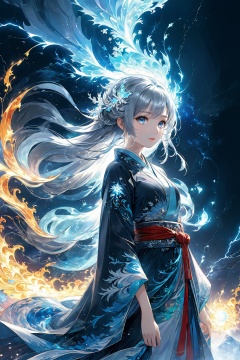 (masterpiece, top quality, best quality, official art, beautiful and aesthetic:1.2),(1girl:1.2),cute,extreme detailed,(abstract:1.4, fractal art:1.3),(silver_hair:1.1),fate \(series\),colorful,highest detailed,fire,ice,lightning,(splash_art:1.2),jewelry:1.4,hanfu,scenery,ink,<lora:雷元素-特效 [SDXL白棱Lora]_v1.0:0.8>,