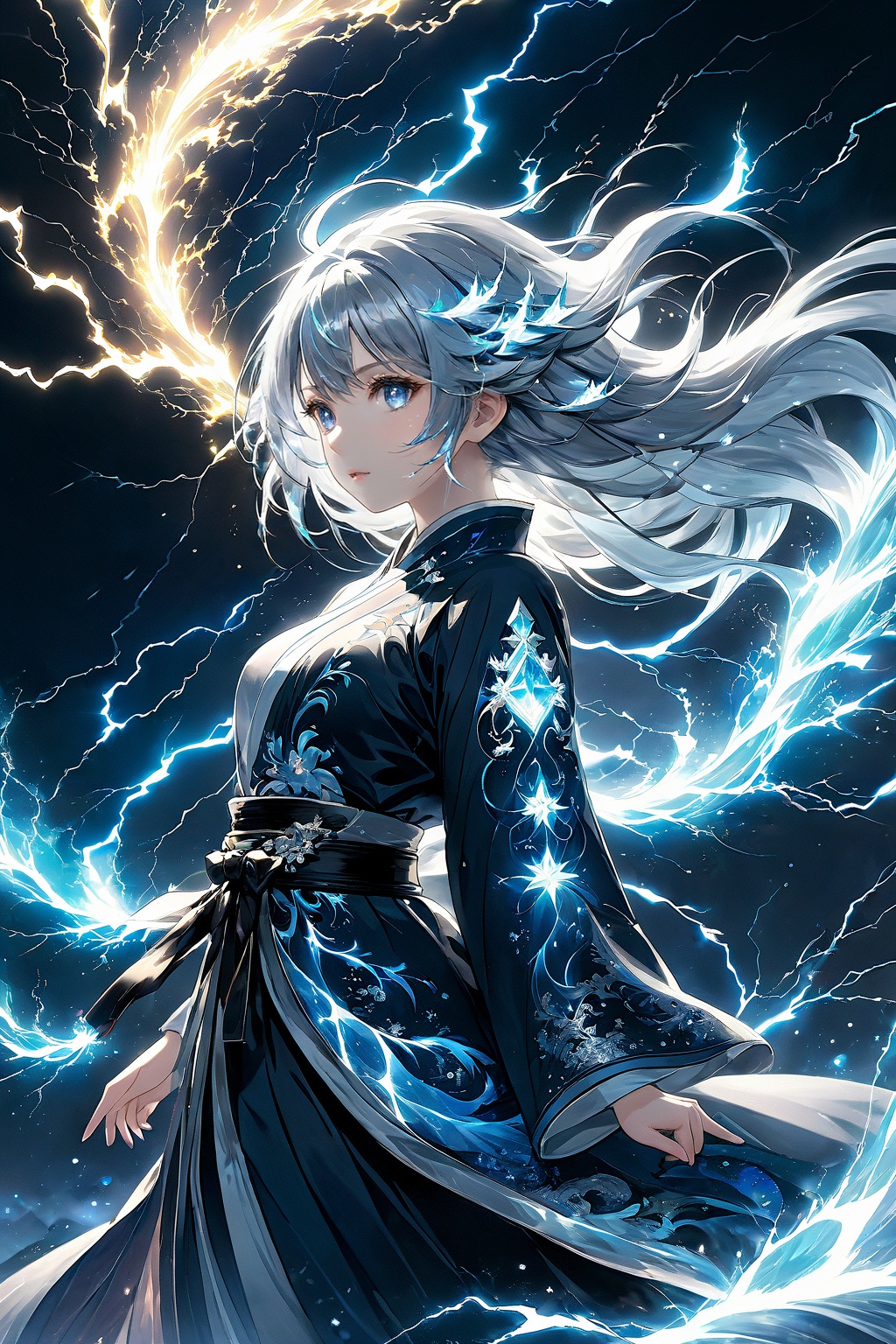 (masterpiece, top quality, best quality, official art, beautiful and aesthetic:1.2),(1girl:1.2),cute,extreme detailed,(abstract:1.4, fractal art:1.3),(silver_hair:1.1),fate \(series\),colorful,highest detailed,fire,ice,lightning,(splash_art:1.2),jewelry:1.4,hanfu,scenery,ink,composed of elements of thunder,thunder,electricity,<lora:雷元素-特效[SDXL白棱Lora]_v1.0:0.8>,