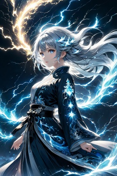 (masterpiece, top quality, best quality, official art, beautiful and aesthetic:1.2),(1girl:1.2),cute,extreme detailed,(abstract:1.4, fractal art:1.3),(silver_hair:1.1),fate \(series\),colorful,highest detailed,fire,ice,lightning,(splash_art:1.2),jewelry:1.4,hanfu,scenery,ink,composed of elements of thunder,thunder,electricity,<lora:雷元素-特效 [SDXL白棱Lora]_v1.0:0.8>,