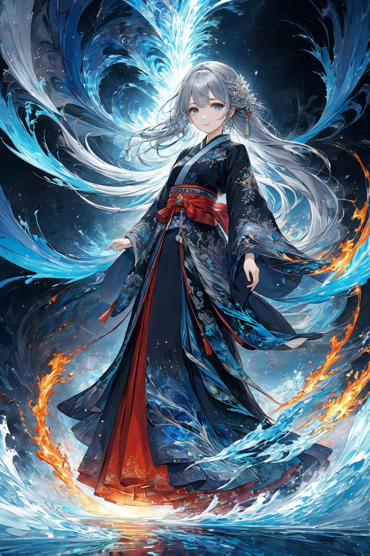 (masterpiece, top quality, best quality, official art, beautiful and aesthetic:1.2),(1girl:1.2),cute,extreme detailed,(abstract:1.4, fractal art:1.3),(silver_hair:1.1),fate \(series\),colorful,highest detailed,fire,ice,lightning,(splash_art:1.2),jewelry:1.4,hanfu,scenery,ink,