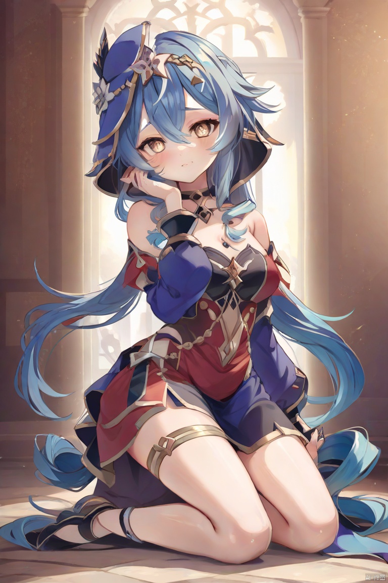  masterpiece, from below + from side, , layla, genshin impact, 1girl, blue hair, yellow eyes, (finely detailed eyes and detailed face:1.3), (skindentation), lustrous skin, anime nose, toddler face, (tareme:1.3, eyeliner, sharp eyelashes:1.2, solid eyelid), messy hair, unkempt, hair ornament, choker, thigh strap, sleeping, distinct pupils