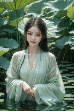 A girl, lying in the water, in a green pool, covered with lotus leaves, dressed in gauze-like Hanfu,hedress,Smile, wet clothes