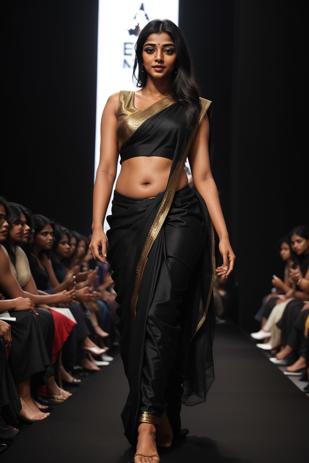 Confident Indian beauty model walks down a sleek black catwalk,  sari flowing elegantly behind her. The crowd erupts in ch...