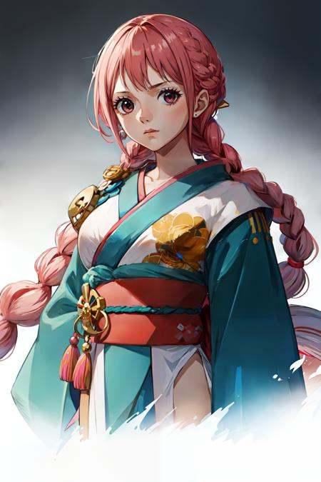 1girl, Rebecca_onepiece, braid pink hair, twin braids, (kimono:1.1), <lora:Rebecca_V1-000004:0.8>,, (masterpiece:1.2), highres, best quality, 8k, very clear,