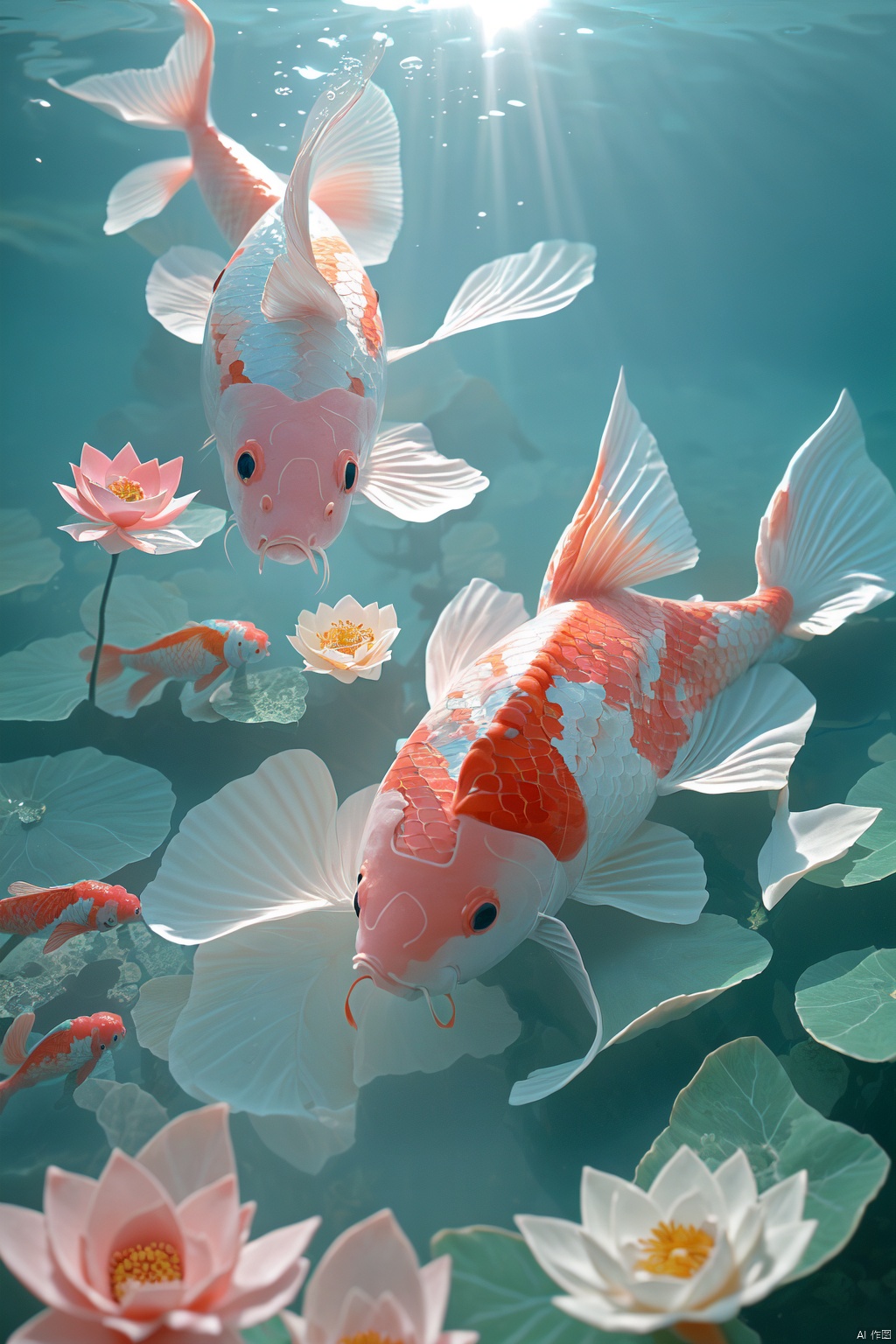  Koi carp,Underwater, flowers, no one, reflectionSunlight exposure, realism, Koi carp