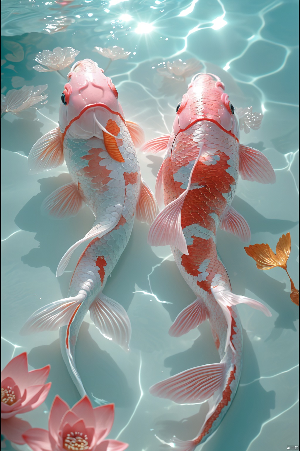  Koi carp,Underwater, flowers, no one, reflectionSunlight exposure, realism, Koi carp