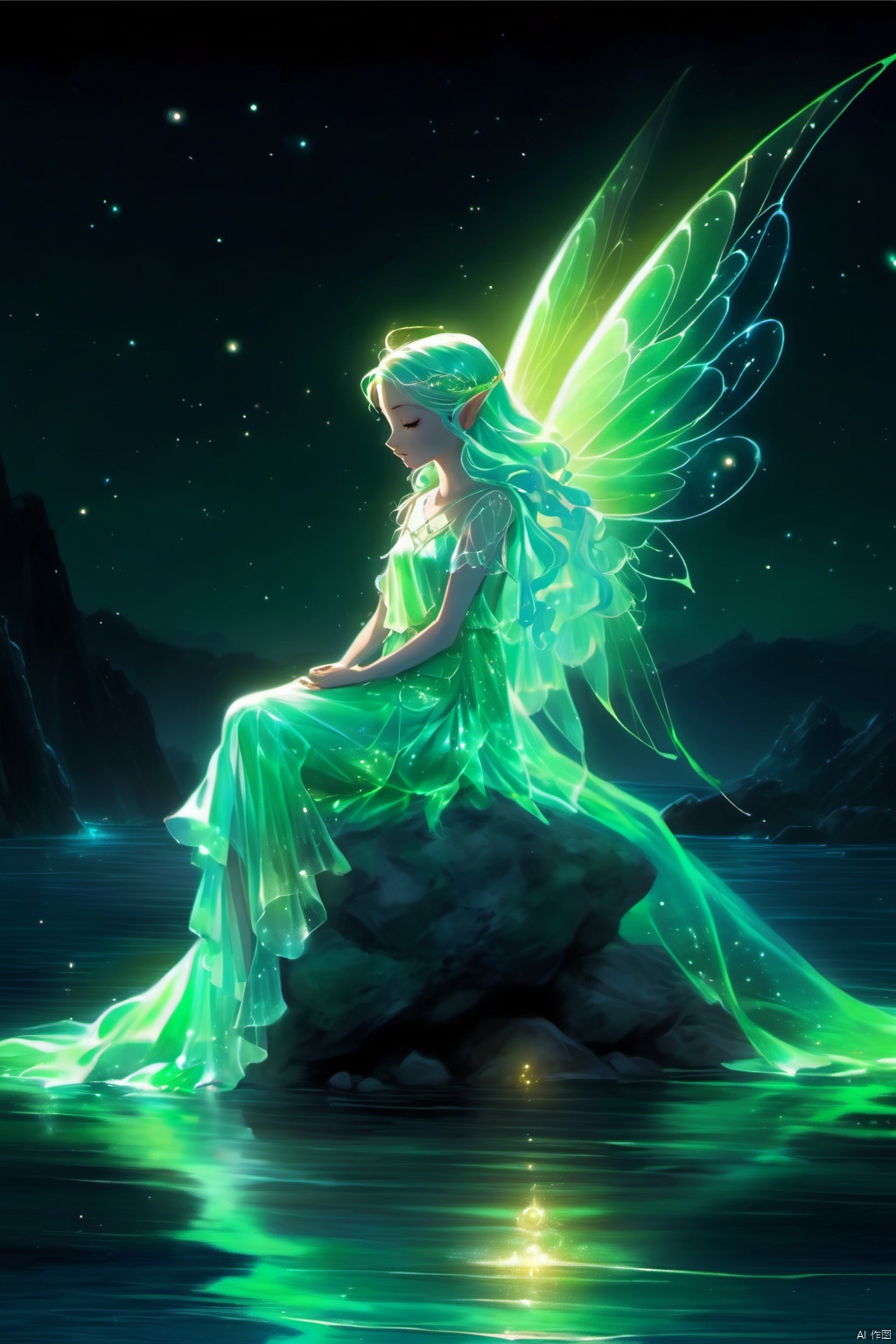  Best quality,8k,cg,
a woman sitting on a rock in the water with a green fairy dress, astral fairy, water fairy, glowing angelic being, beautiful fairy, glowing aura around her, ethereal wings, beautiful fantasy art, very beautiful fantasy art, beautiful fairies, neon wings, ethereal aurora spirits, very beautiful digital art, beautiful digital art, elven angel meditating in space