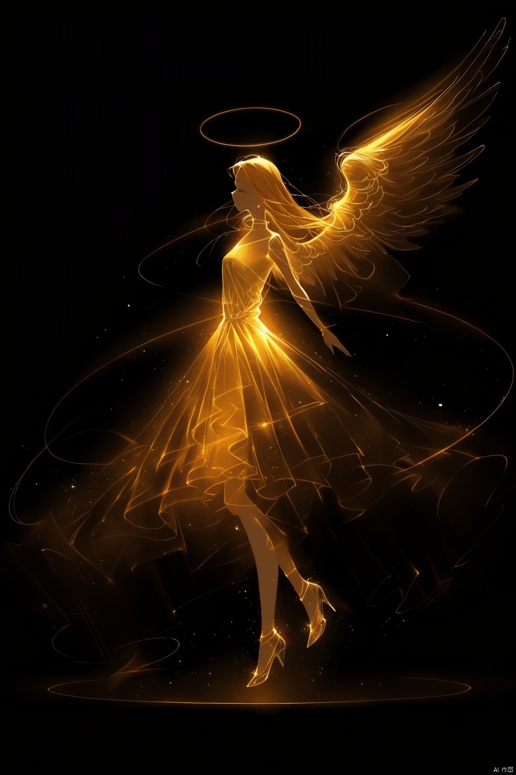  1 girl,solo,Long hair,Breasts,blonde,Simple,background,Dress,Bare,shoulders,Extra long hair,Permanent,all over,Close your eyes,wing,White dress,High heels,From the side,flicker,Strapless,outline,Floating hair,Luminous
halo,Black background,Feathered wings,Light particles,Angel's Wings,angel