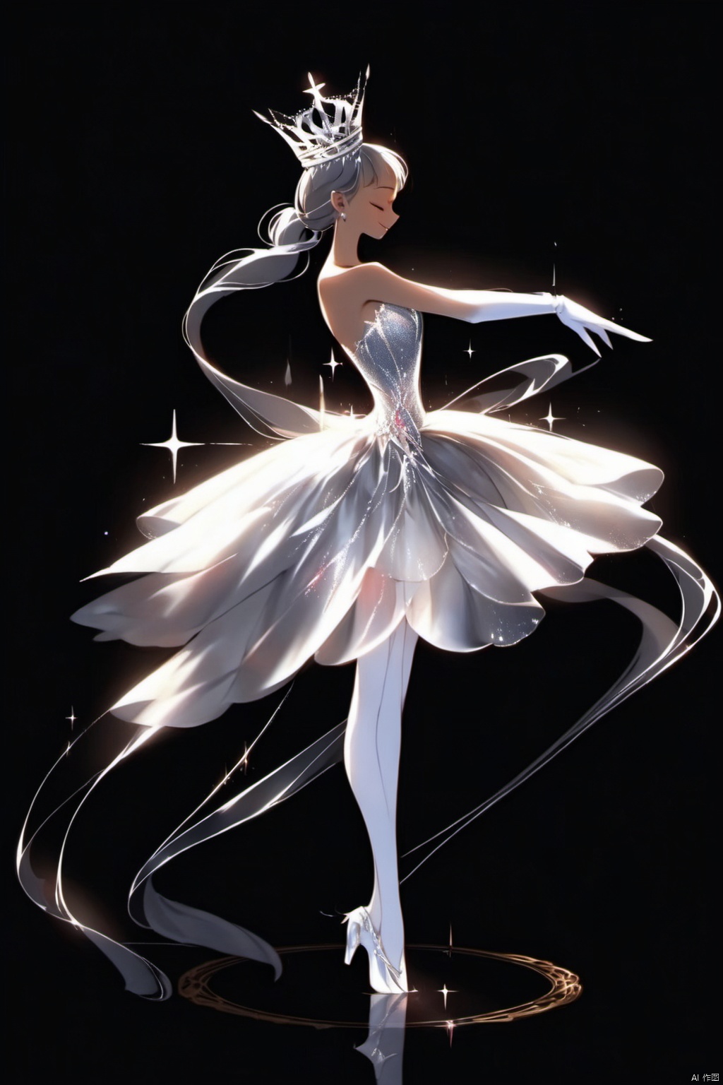 1girl,solo,long hair,simple background,gloves,dress,bare shoulders,very long hair,standing,full body,closed eyes,grey hair,pantyhose,sparkle,strapless,profile,standing on one leg,crown,black background,strapless dress,white pantyhose,tiptoes,ballerina,ballet slippers,ballet,tutu