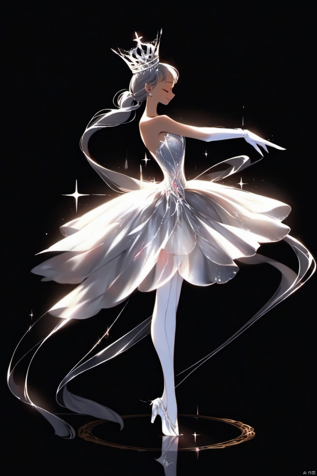 1girl,solo,long hair,simple background,gloves,dress,bare shoulders,very long hair,standing,full body,closed eyes,grey hair,pantyhose,sparkle,strapless,profile,standing on one leg,crown,black background,strapless dress,white pantyhose,tiptoes,ballerina,ballet slippers,ballet,tutu