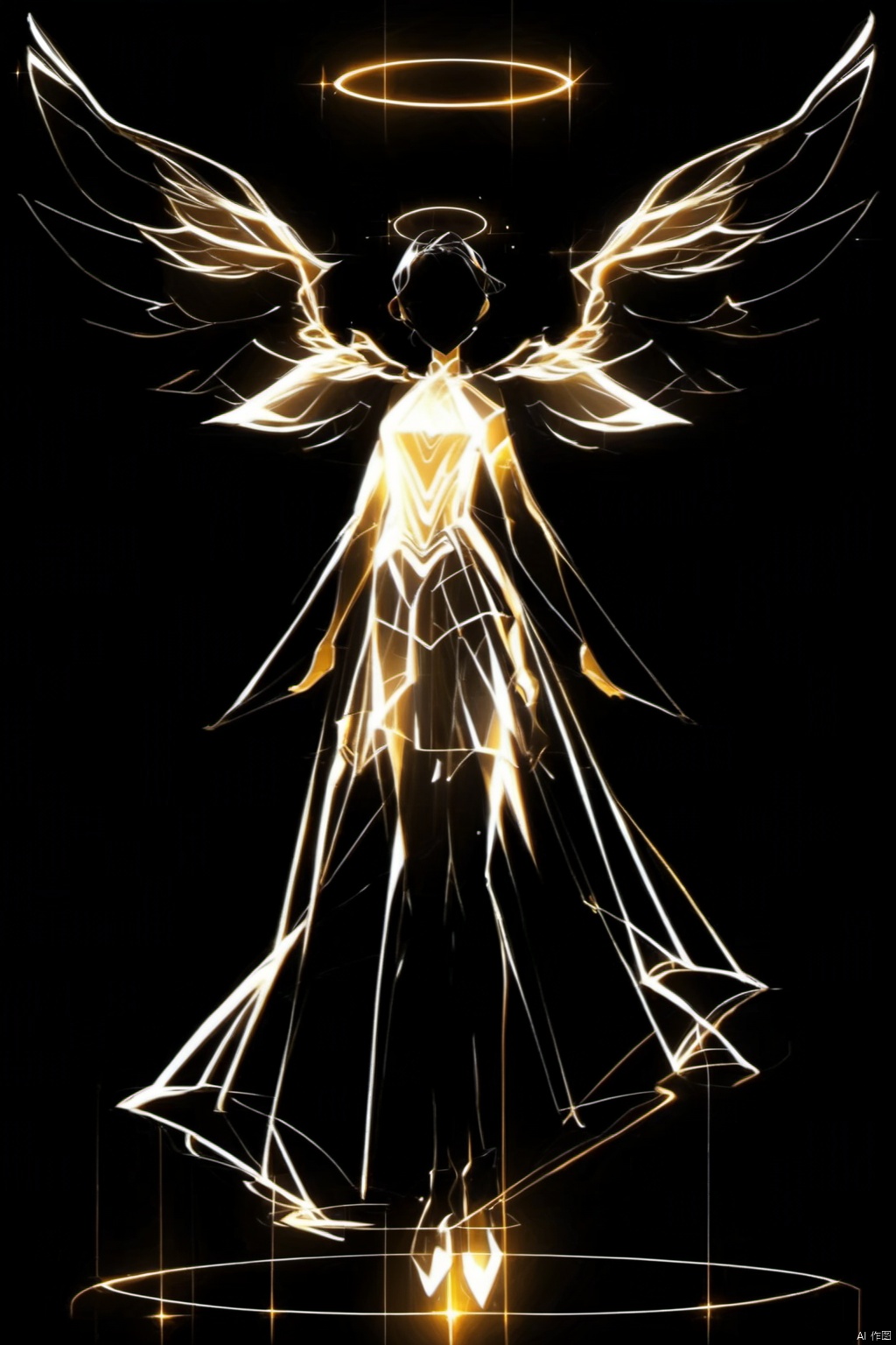 1girl,solo,short hair,simple background,dress,full body,wings,see-through,glowing,halo,black background,feathered wings,black wings,angel wings,angel,multiple wings