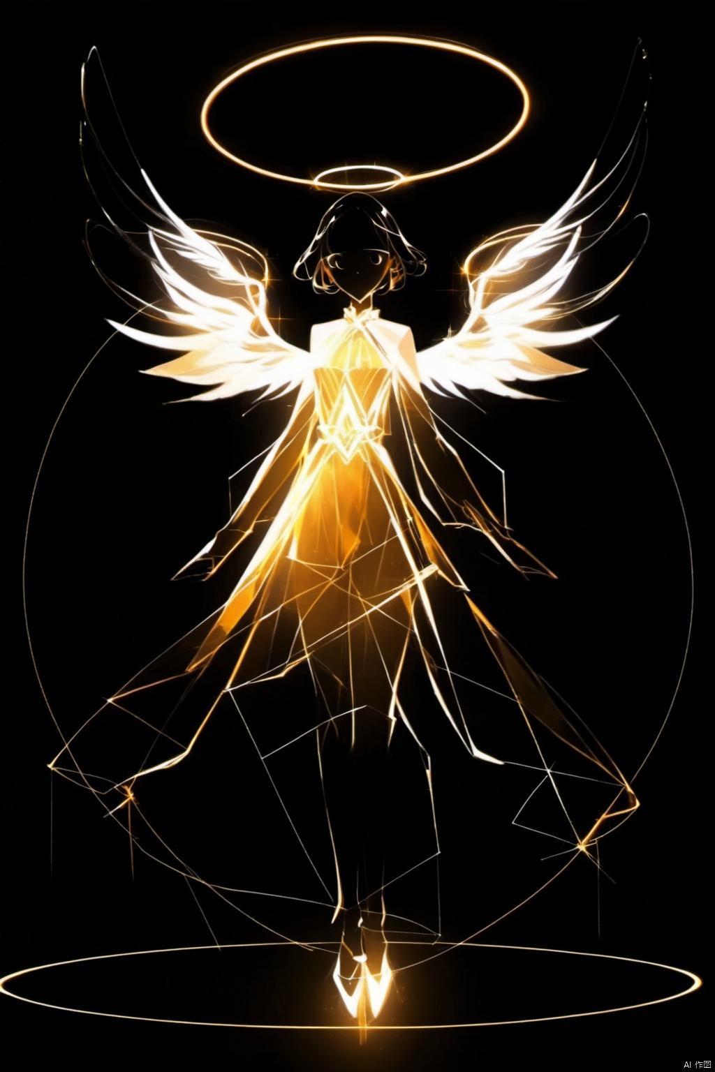 1girl,solo,short hair,simple background,dress,full body,wings,see-through,glowing,halo,black background,feathered wings,black wings,angel wings,angel,multiple wings