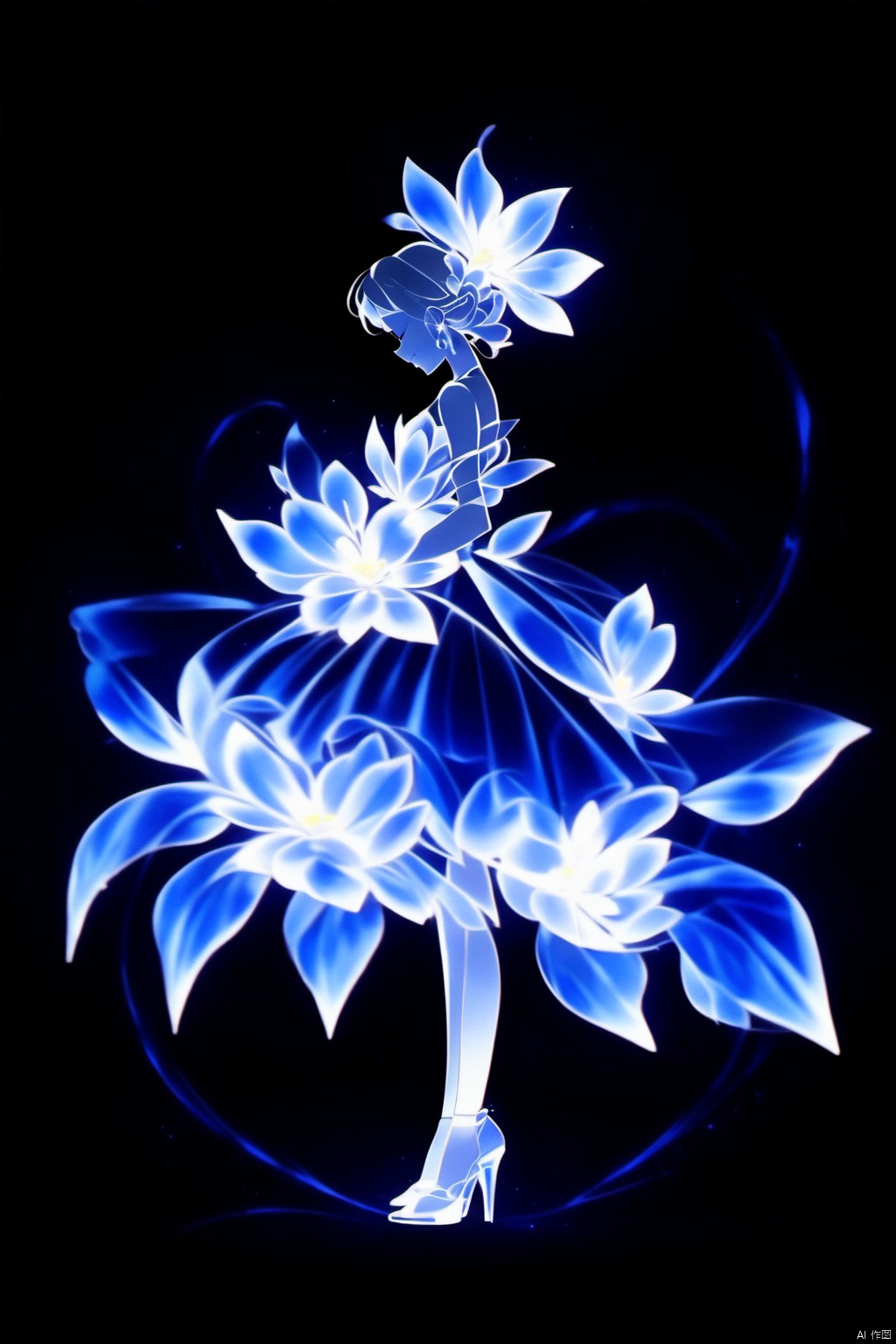 1girl,solo,short hair,simple background,hair ornament,dress,bare shoulders,standing,full body.flower,hair flower,high heels,from side,profile,glowing,black background,blue flower,blue theme