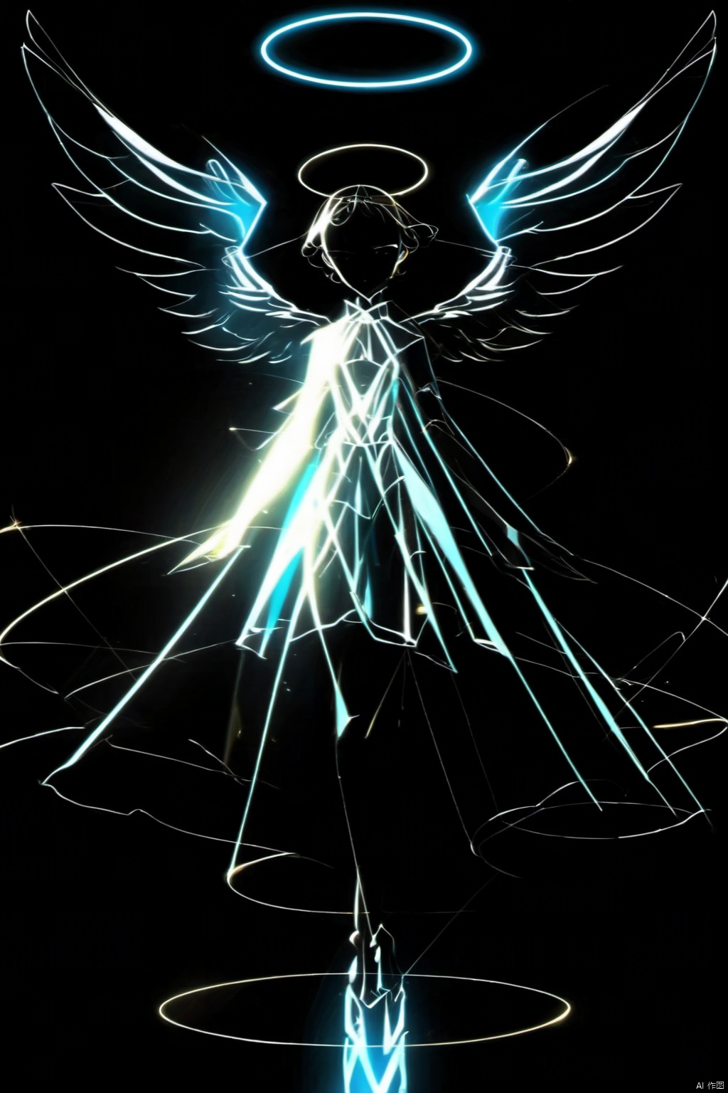 1girl,solo,short hair,simple background,dress,full body,wings,see-through,glowing,halo,black background,feathered wings,black wings,angel wings,angel,multiple wings
