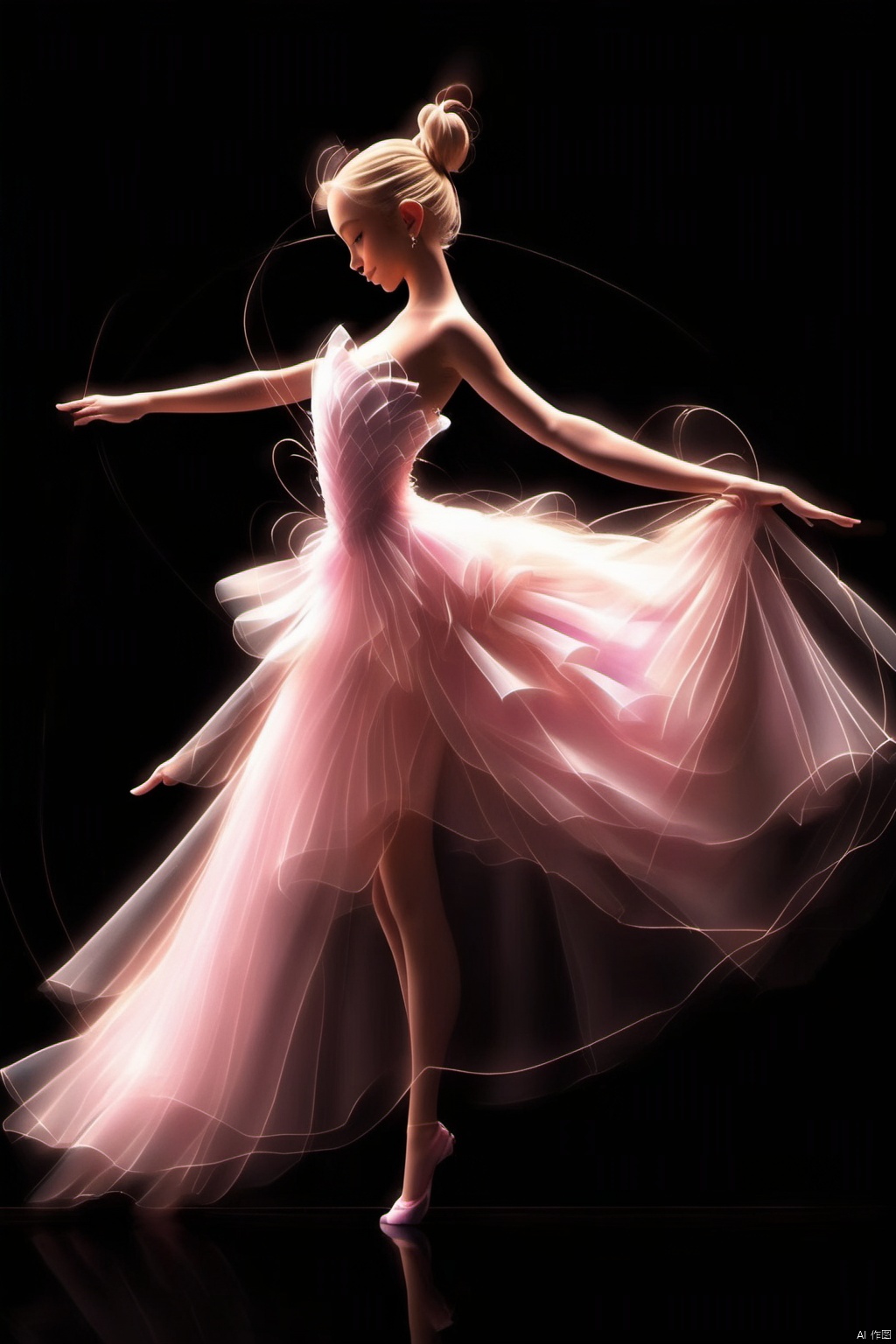  1girl,solo,blonde hair,simple background,dress,bare shoulders,standing,full body,closed eyes,hair bun,see-through,strapless,profile,single hair bun,black background,strapless dress,skirt hold,ballerina,ballet slippers,tutu