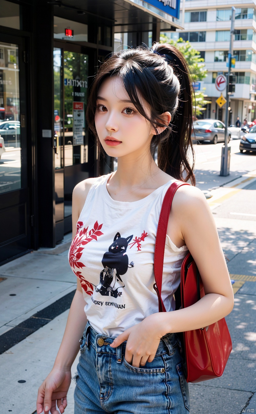  A stylish Chinese beauty, she walks the streets of city high-rise buildings in trendy loose jeans with a stylish printed T-shirt and canvas shoes, (with a trendy bag on one shoulder), (wearing headphones), eyes staring at the camera, kanzashi, long eyelashes, amber eyes, crystal earrings, parted lips, double ponytail hair, hairpins, hair strands, hyper-realistic, close up, f/4.0, 35mm, UHD, retina, masterpiece, high resolution, best quality, 16k,1girl