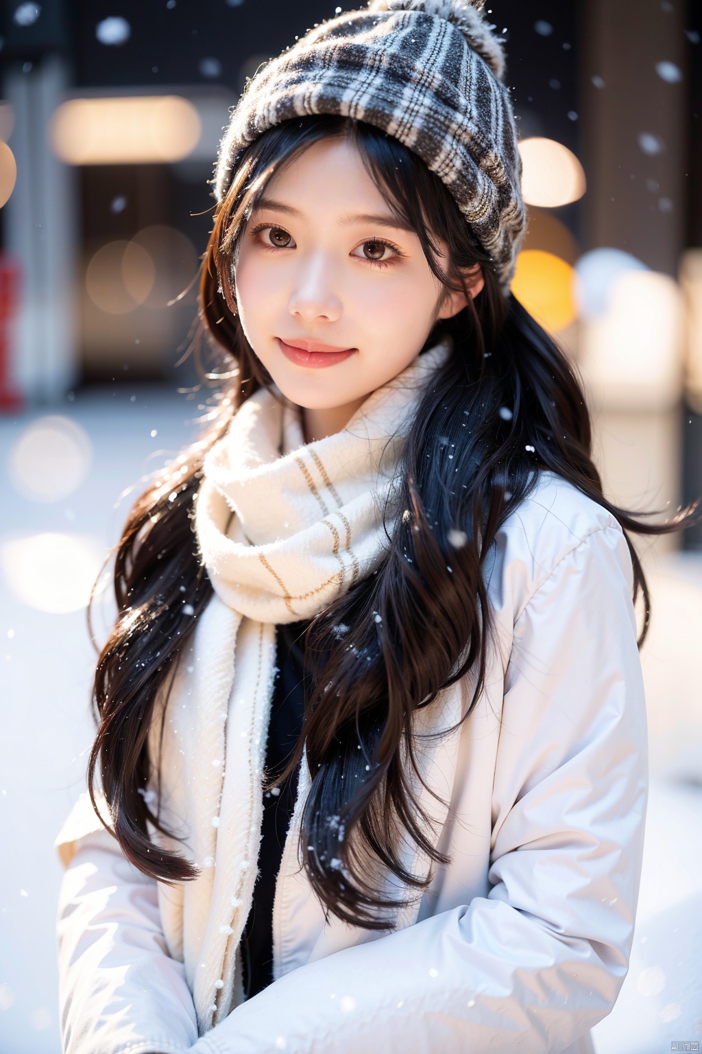  1girl, (snow:1.2), (snowing:1.2), snow, solo, scarf, long hair, smile, brown hair, bokeh, realistic, coat, blurry,