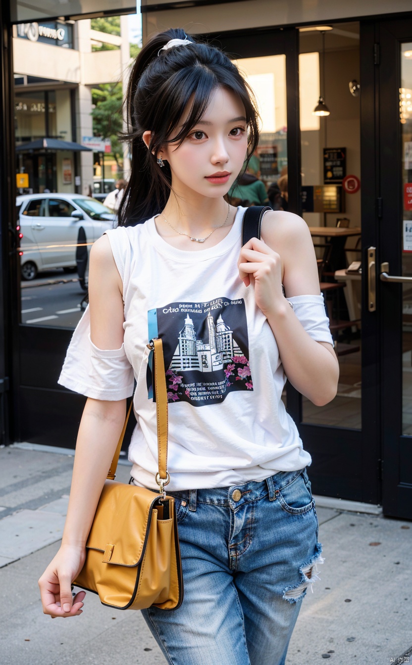  A stylish Chinese beauty, she walks the streets of city high-rise buildings in trendy loose jeans with a stylish printed T-shirt and canvas shoes, (with a trendy bag on one shoulder), (wearing headphones), eyes staring at the camera, kanzashi, long eyelashes, amber eyes, crystal earrings, parted lips, double ponytail hair, hairpins, hair strands, hyper-realistic, close up, f/4.0, 35mm, UHD, retina, masterpiece, high resolution, best quality, 16k,1girl