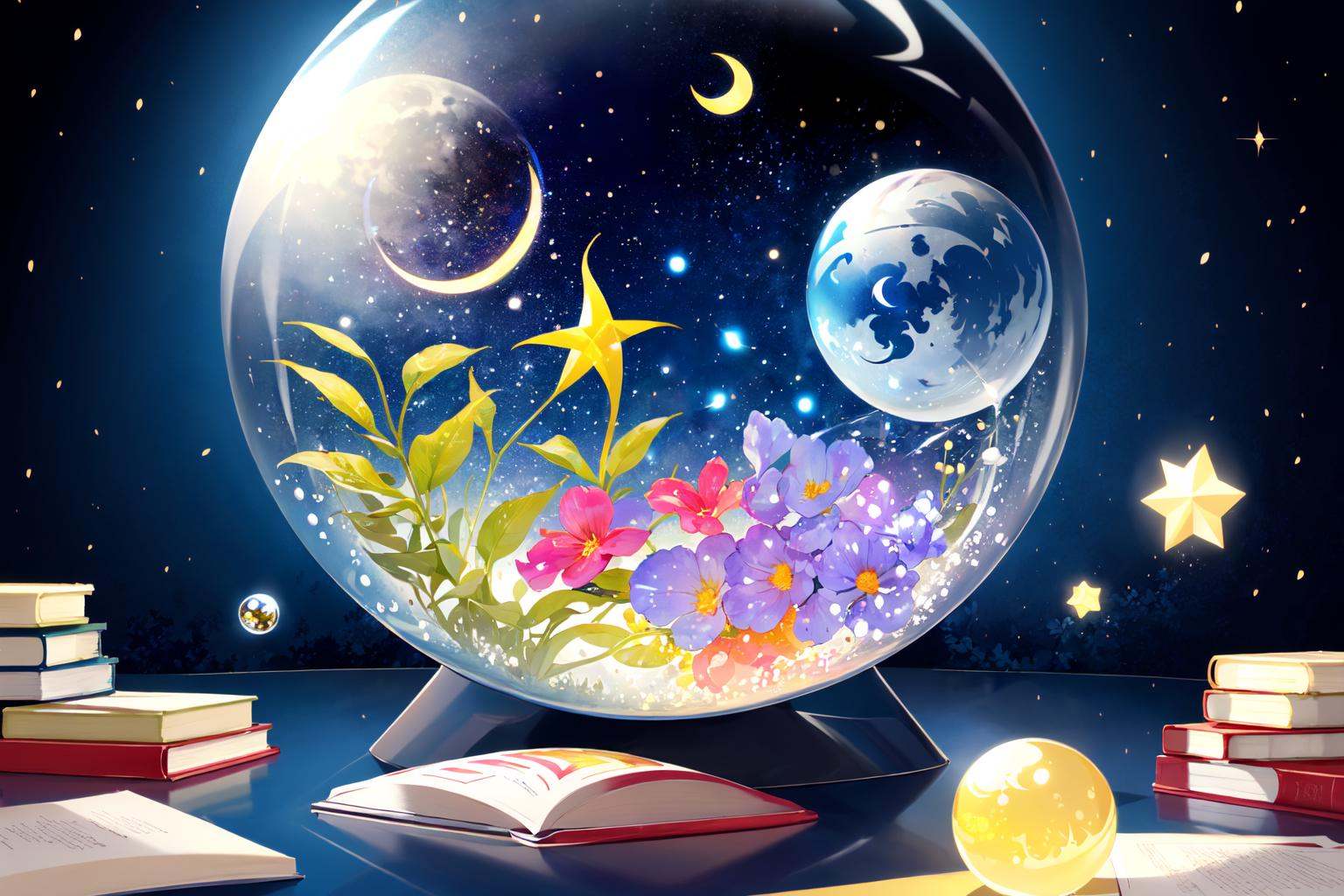 -no humans, book, open book, crescent moon, moon, crescent, plant<lora:Crystal ball_20240112152706:0.8>,Crystal ball,