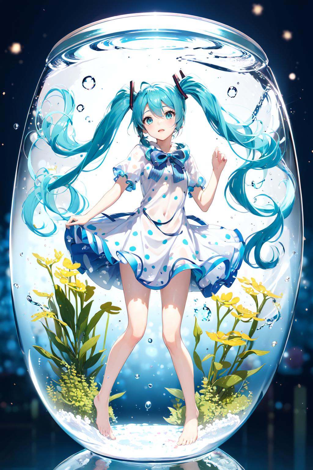 -1girl, long hair, solo, hatsune miku, green hair, twintails, very long hair, in container, flower, green eyes, ribbon, fish, barefoot, dress, polka dot<lora:Crystal ball_20240112152706:0.8>