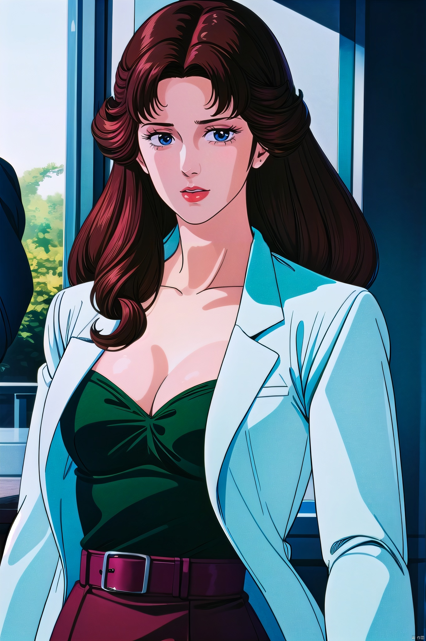 Reika, 1girl, brown hair, breasts, cleavage, retro artstyle, blue eyes, solo, long hair, belt, labcoat, medium breasts, 1980s \(style\),nice hands, perfect balance,  looking at viewer,  closed mouth,  (Light_Smile:0.3),  official art,  extremely detailed CG unity 8k wallpaper,  perfect lighting,  Colorful,  Bright_Front_face_Lighting,  White skin,  (masterpiece:1),  (best_quality:1),  ultra high res,  4K,  ultra-detailed,  photography,  8K,  HDR,  highres,  absurdres:1.2,  Kodak portra 400,  film grain,  blurry background,  bokeh:1.2,  lens flare,  (vibrant_color:1.2),  professional photograph,  (narrow_waist), , dark studio, , Reika