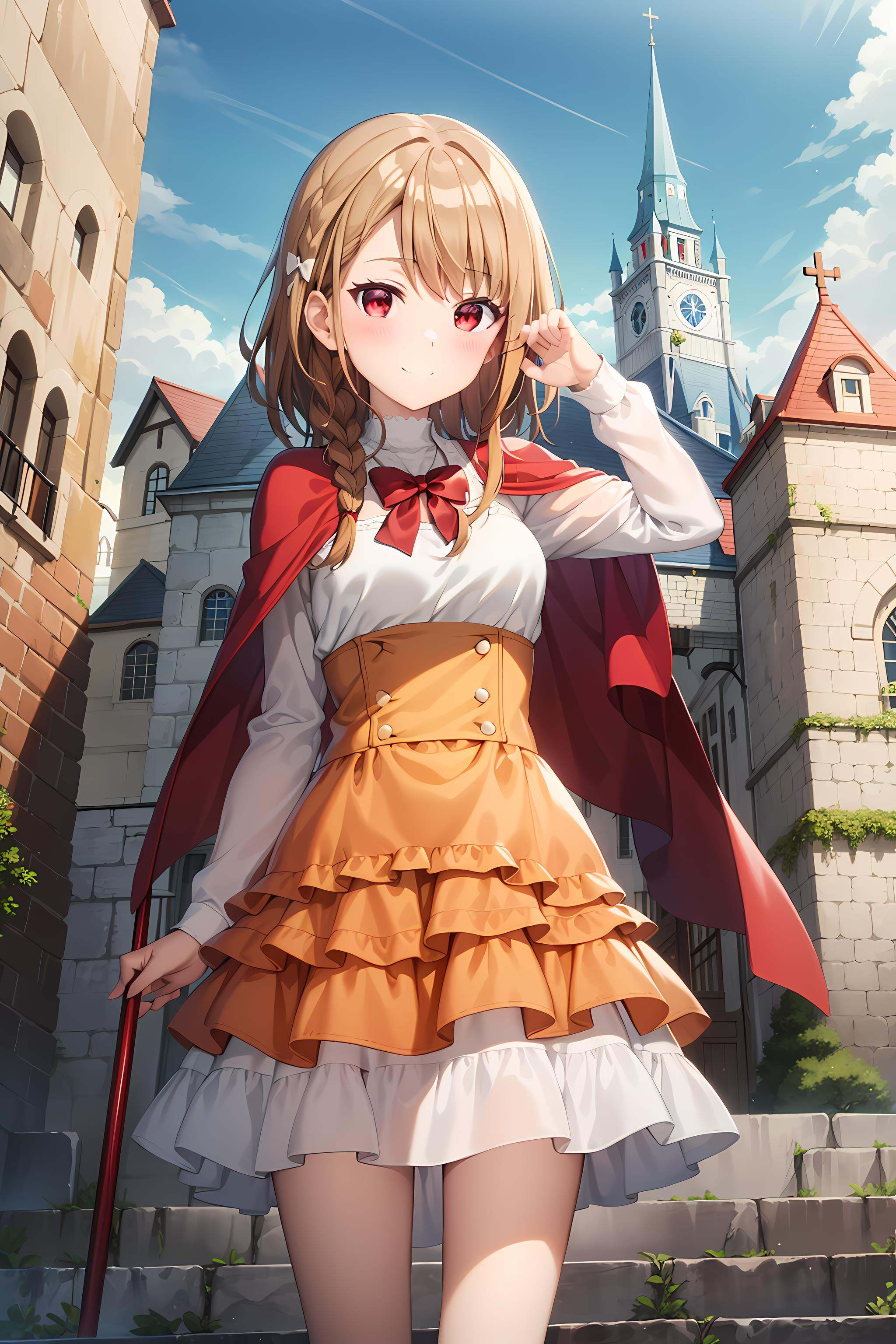 best quality, masterpiece, detailed,<lora:ImoutoSaeIrebaIi_ShirakawaMiyako:0.8>, ShirakawaMiyako,solo, closed mouth, light smile, blush,brown hair, red eyes, (single braid:1.2), straight hair, hair ornament,MiyakoRPG, orange dress, red capelet, red bow, layered skirt,standing, looking at viewer, head tilt,outdoors, fantasy, city, medieval, fountain, castle