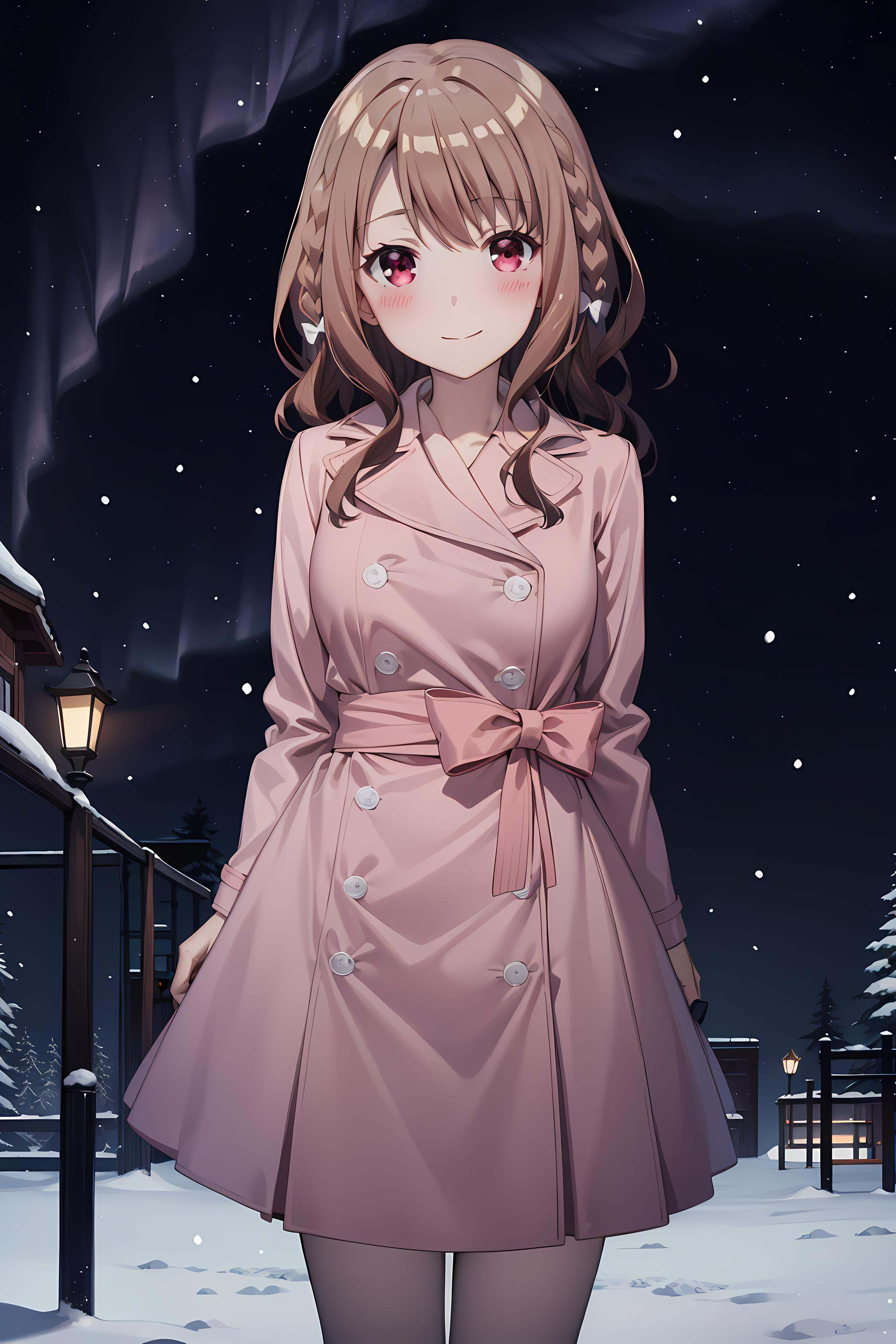 best quality, masterpiece, detailed,<lora:ImoutoSaeIrebaIi_ShirakawaMiyako:0.8>, ShirakawaMiyako,solo, closed mouth, light smile, blush,brown hair, red eyes, wavy hair, braid, hair bow,MiyakoCoat, pink coat, trench coat,standing, looking at viewer, head tilt,outdoors, snow, snowing, aurora borealis, night,  starry sky, <lora:style_night:0.3>