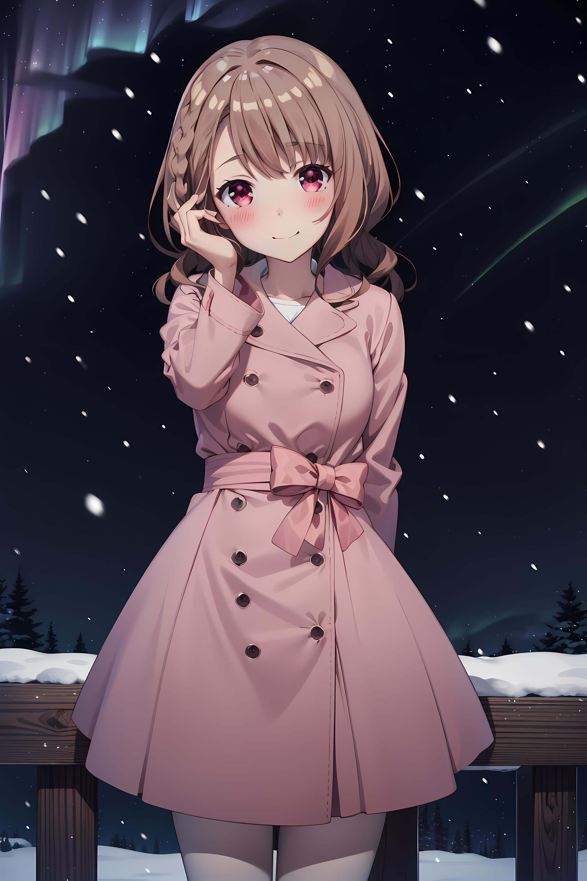best quality, masterpiece, detailed,<lora:ImoutoSaeIrebaIi_ShirakawaMiyako:0.8>, ShirakawaMiyako,solo, closed mouth, light smile, blush,brown hair, red eyes, wavy hair, braid, hair bow,MiyakoCoat, pink coat, trench coat,standing, looking at viewer, head tilt,outdoors, snow, snowing, aurora borealis, night,  starry sky, <lora:style_night:0.3>