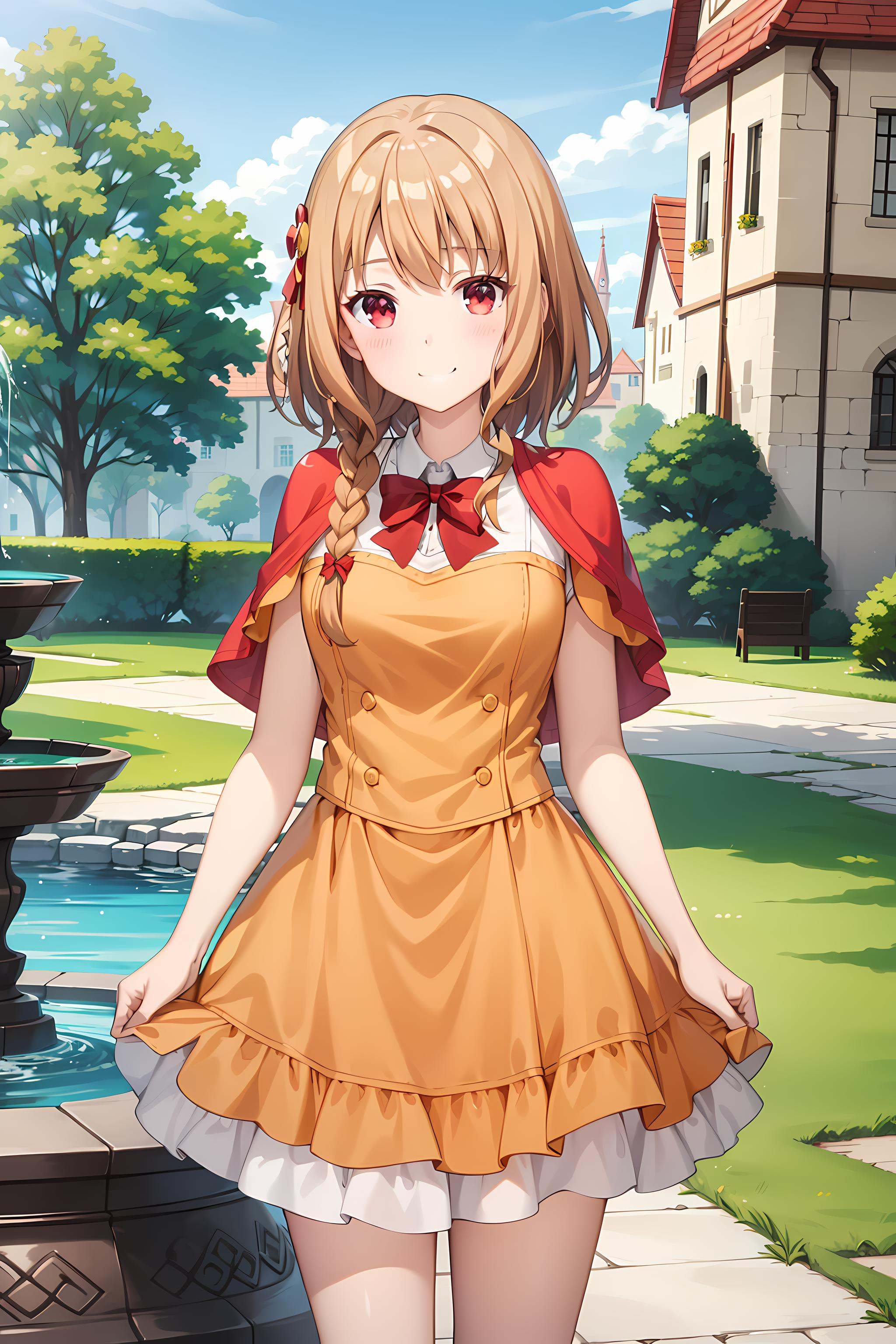 best quality, masterpiece, detailed,<lora:ImoutoSaeIrebaIi_ShirakawaMiyako:0.8>, ShirakawaMiyako,solo, closed mouth, light smile, blush,brown hair, red eyes, (single braid:1.2), straight hair, hair ornament,MiyakoRPG, orange dress, red capelet, red bow, layered skirt,standing, looking at viewer, head tilt,outdoors, fantasy, city, medieval, fountain, castle