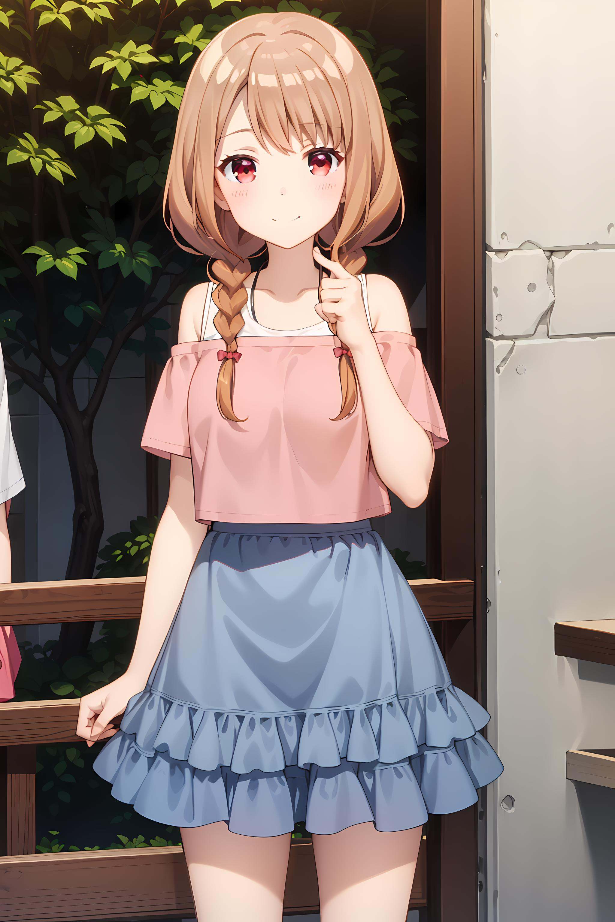 best quality, masterpiece, detailed,<lora:ImoutoSaeIrebaIi_ShirakawaMiyako:0.8>, ShirakawaMiyako,solo, closed mouth, light smile,brown hair, red eyes, twin braids,MiyakoCasual, layered clothes, off shoulder, pink shirt, short sleeves, (dark blue skirt:1.4),standing, looking at viewer,outdoors