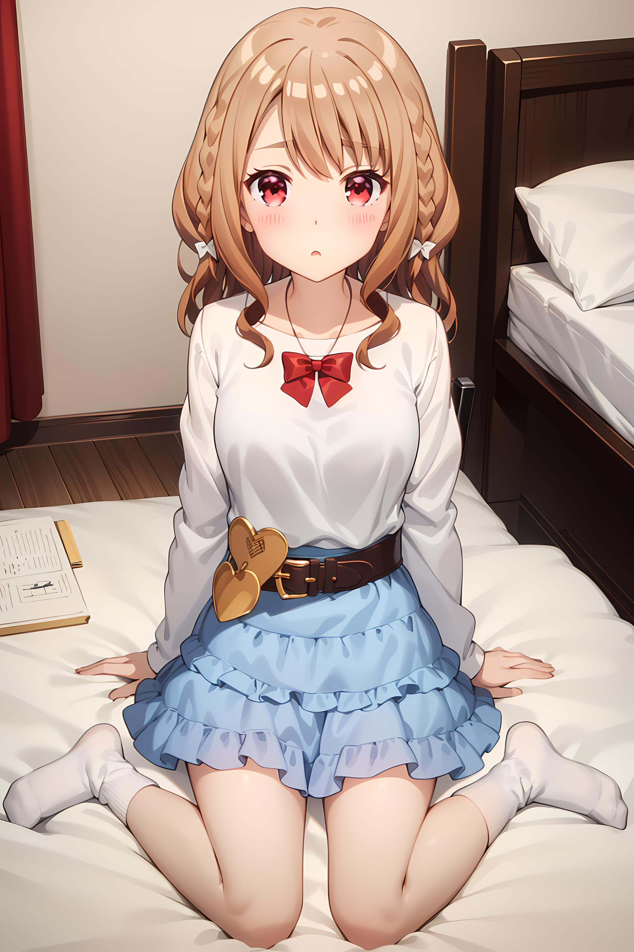 best quality, masterpiece, detailed,<lora:ImoutoSaeIrebaIi_ShirakawaMiyako:0.9>, ShirakawaMiyako,solo, closed mouth, blush, :o,brown hair, long hair, wavy hair, red eyes, white bow, braid,MiyakoDress, white shirt, red bow, long sleeves, belt, (blue skirt:1.2), frills, socks,wariza, looking at viewer,on bed