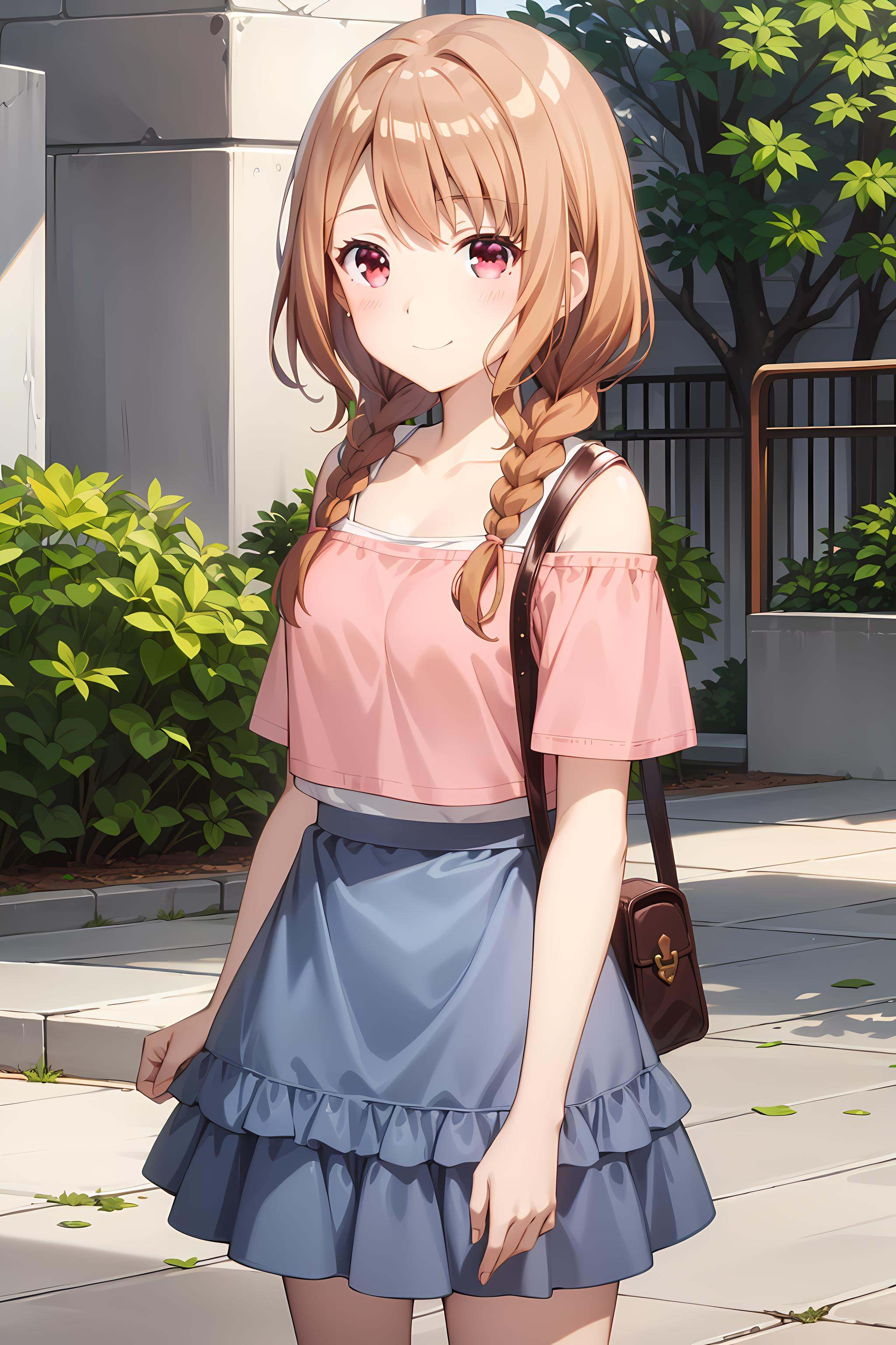 best quality, masterpiece, detailed,<lora:ImoutoSaeIrebaIi_ShirakawaMiyako:0.8>, ShirakawaMiyako,solo, closed mouth, light smile,brown hair, red eyes, twin braids,MiyakoCasual, layered clothes, off shoulder, pink shirt, short sleeves, (dark blue skirt:1.4),standing, looking at viewer,outdoors