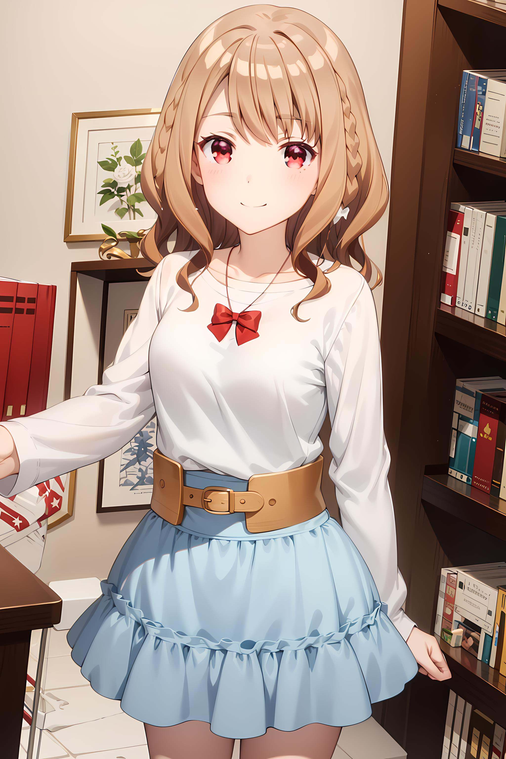 best quality, masterpiece, detailed,<lora:ImoutoSaeIrebaIi_ShirakawaMiyako:0.9>, ShirakawaMiyako,solo, closed mouth, light smile,brown hair, long hair, wavy hair, red eyes, white bow, braid,MiyakoDress, white shirt, red bow, long sleeves, belt, (blue skirt:1.2), frills,standing, looking at viewer,indoors, bookshelf