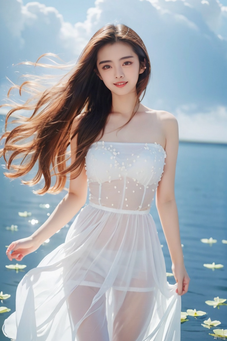  DSLR, depth of field, (1girl:1.2), , very long hair, low twintails, yellow eyes, light smile, looking at viewer, white shirt, white skirt, (flying white chiffon:1.5), bare shoulder, (flying blue petals:1.2), (standing above water surface), sky background, (cloud:1.2), white bird, floating water drops, (white border:1.2) , 
backlight, , jujingyi, taoist robe, ll-hd,(((large breasts)), depth of field,, wangzuxian