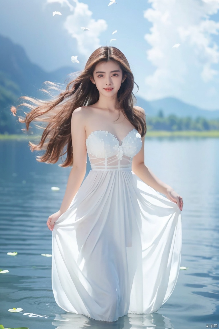  DSLR, depth of field, (1girl:1.2), , very long hair, low twintails, yellow eyes, light smile, looking at viewer, white shirt, white skirt, (flying white chiffon:1.5), bare shoulder, (flying blue petals:1.2), (standing above water surface), sky background, (cloud:1.2), white bird, floating water drops, (white border:1.2) , 
backlight, , jujingyi, taoist robe, ll-hd,(((large breasts)), depth of field,, wangzuxian