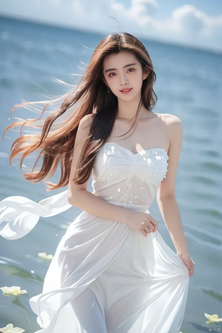  DSLR, depth of field, (1girl:1.2), , very long hair, low twintails, yellow eyes, light smile, looking at viewer, white shirt, white skirt, (flying white chiffon:1.5), bare shoulder, (flying blue petals:1.2), (standing above water surface), sky background, (cloud:1.2), white bird, floating water drops, (white border:1.2) , 
backlight, , jujingyi, taoist robe, ll-hd,(((large breasts)), depth of field,, wangzuxian