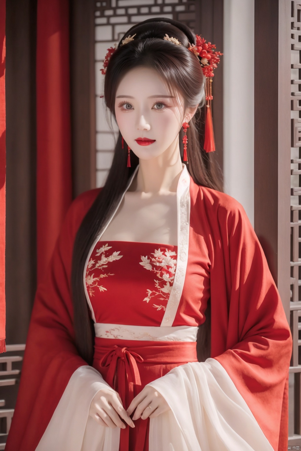 1 bride,Chinese ice crystal diamond earrings,be richly attired and heavily made-upEye shadow,blusher,Dress,chest,be shy,Hanfu,Red (clothes),streamer,red(veil),Transparent coat，red(gauze headscarf）