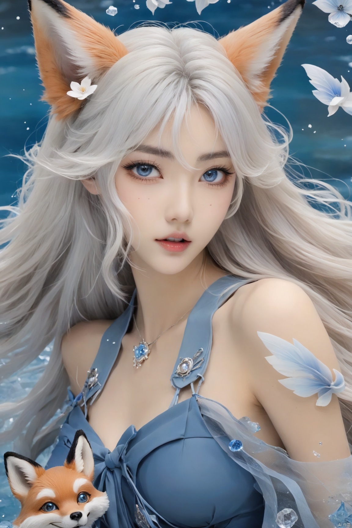  masterpiece,best quality,official art,extremelydetailed cg 8k wallpaper,(flying petals)(detailed ice),crystalstexture skin,coldexpression,((fox ears)),white hair,longhair,messy hair,blue eye,looking at viewer,extremely delicate andbeautiful,water,((beautydetailed eye)),highlydetailed,cinematiclighting,((beautiful face),fine water surface, (originalfigure painting), ultra-detailed, incrediblydetailed, (an extremelydelicate and beautiful),beautiful detailed eyes,GUOFENG, HUBG_Beauty_Girl, HUBG_Mecha_Armor, MEINV