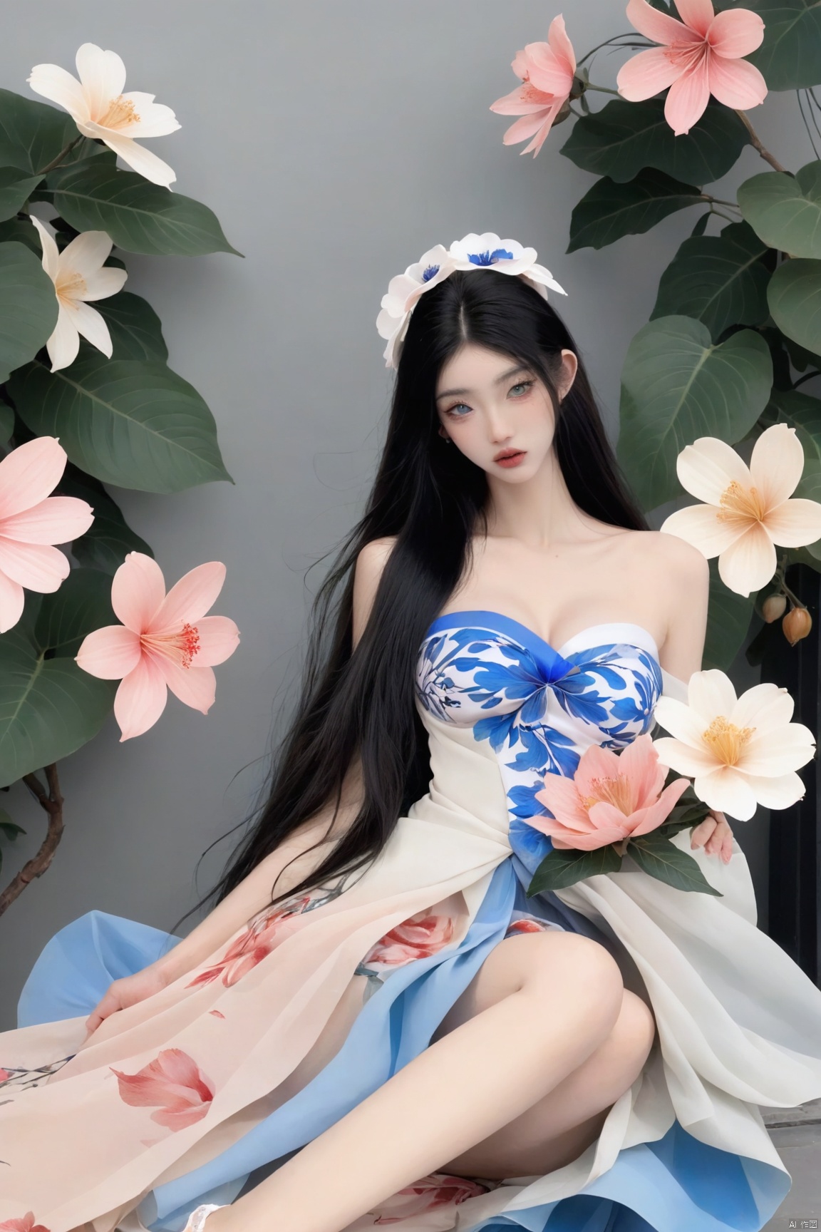  1girl, solo, flower, long hair, black hair, hair ornament, (big breasts:1.39),hair flower, blue eyes, floral print, chinese clothes, looking at viewer, detached sleeves, upper body, white flower, parted lips, dress, pink flower, china dress, bare shoulders, blush, red flower, eyelashes, white dress, lips, sleeveless, parted bangs, grey background, gongzhuqie, neon_dress,huansha, glowing,lens flare,big leaf,plant, wind, (big breasts:1.5), MEINV