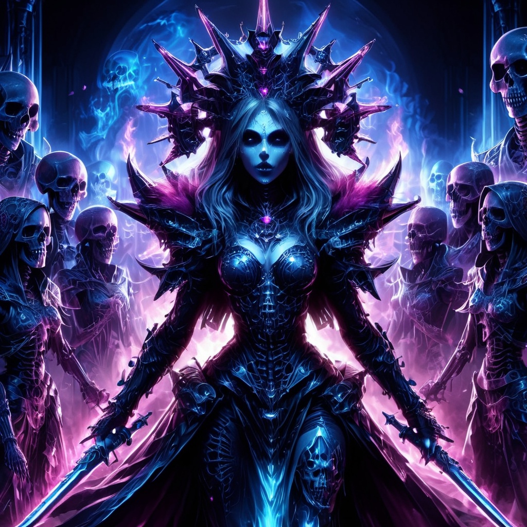 1girl,  looking upwards,  marching before an army of skeletons on Tensor.Art