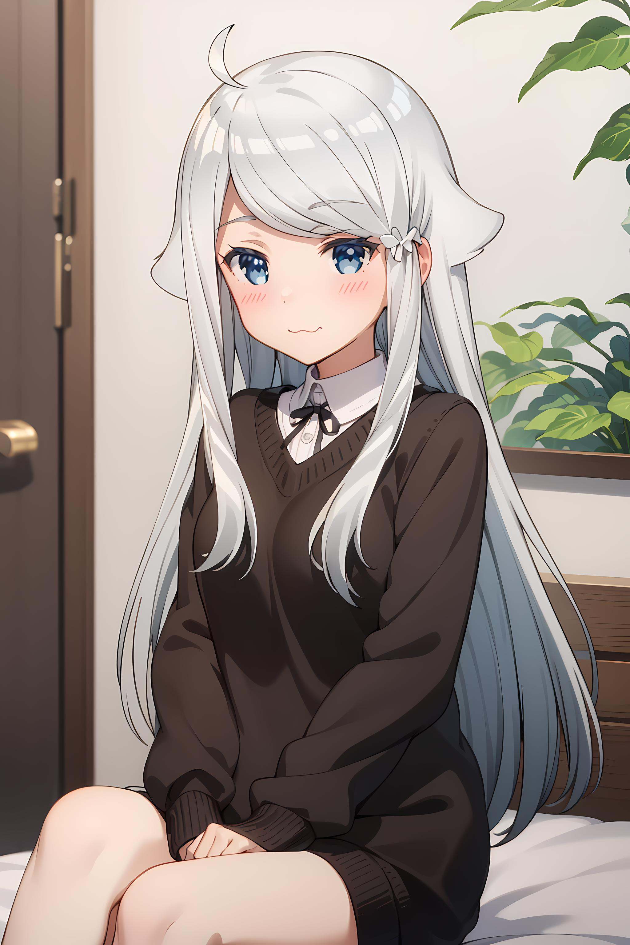 best quality, masterpiece, detailed,<lora:ImoutoSaeIrebaIi_KaniNayuta:0.8>, KaniNayuta,solo, blush, :3,grey hair, blue eyes, long hair, blue scunchie, hair flaps, ahoge,NayuSweater, black sweater, white shirt, collared shirt, ribbon,sitting, looking at viewer, crossed legs,indoors, on bed