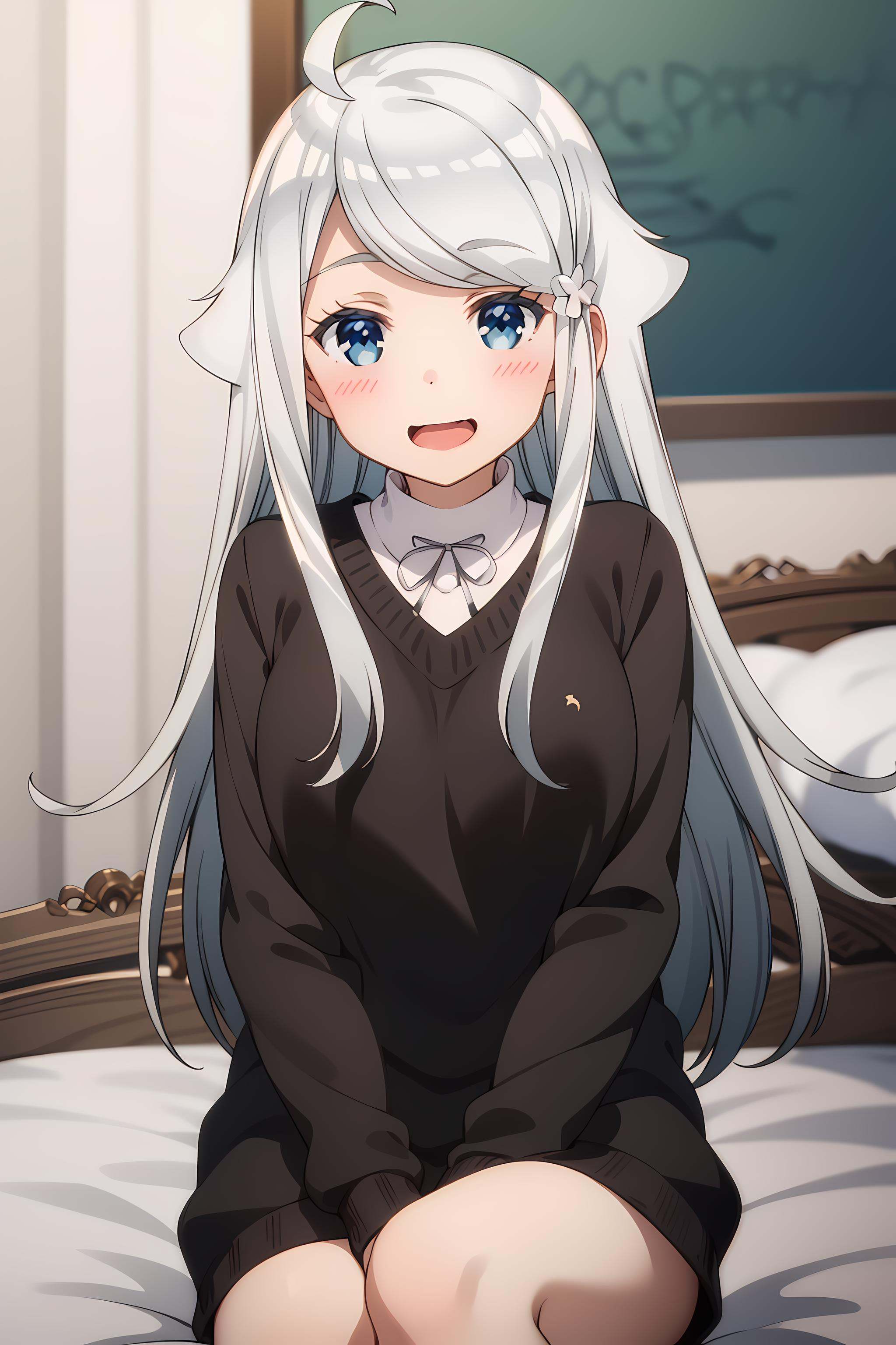 best quality, masterpiece, detailed,<lora:ImoutoSaeIrebaIi_KaniNayuta:0.8>, KaniNayuta,solo, open mouth, smile, blush,grey hair, blue eyes, long hair, blue scunchie, hair flaps, ahoge,NayuSweater, black sweater, white shirt, collared shirt, ribbon,sitting, looking at viewer, crossed legs,indoors, on bed