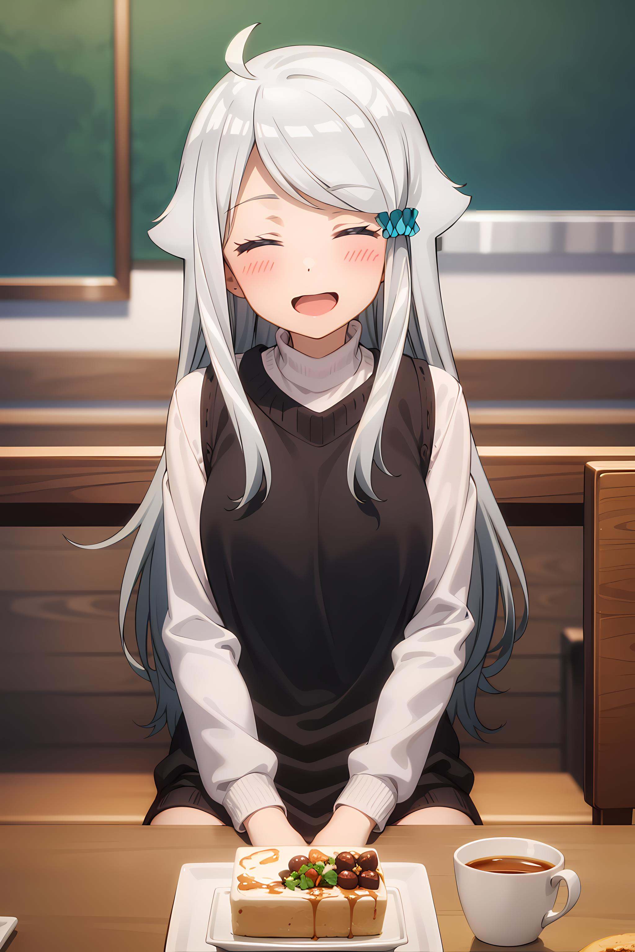 best quality, masterpiece, detailed,<lora:ImoutoSaeIrebaIi_KaniNayuta:0.8>, KaniNayuta,1girl, solo, open mouth, smile, blush,grey hair, closed eyes, long hair, hair scrunchie, (blue scunchie:1.2), hair flaps, ahoge,NayuCasual, black vest, turtleneck, sweater, layered clothes,sitting, looking at viewer,indoors, cafe