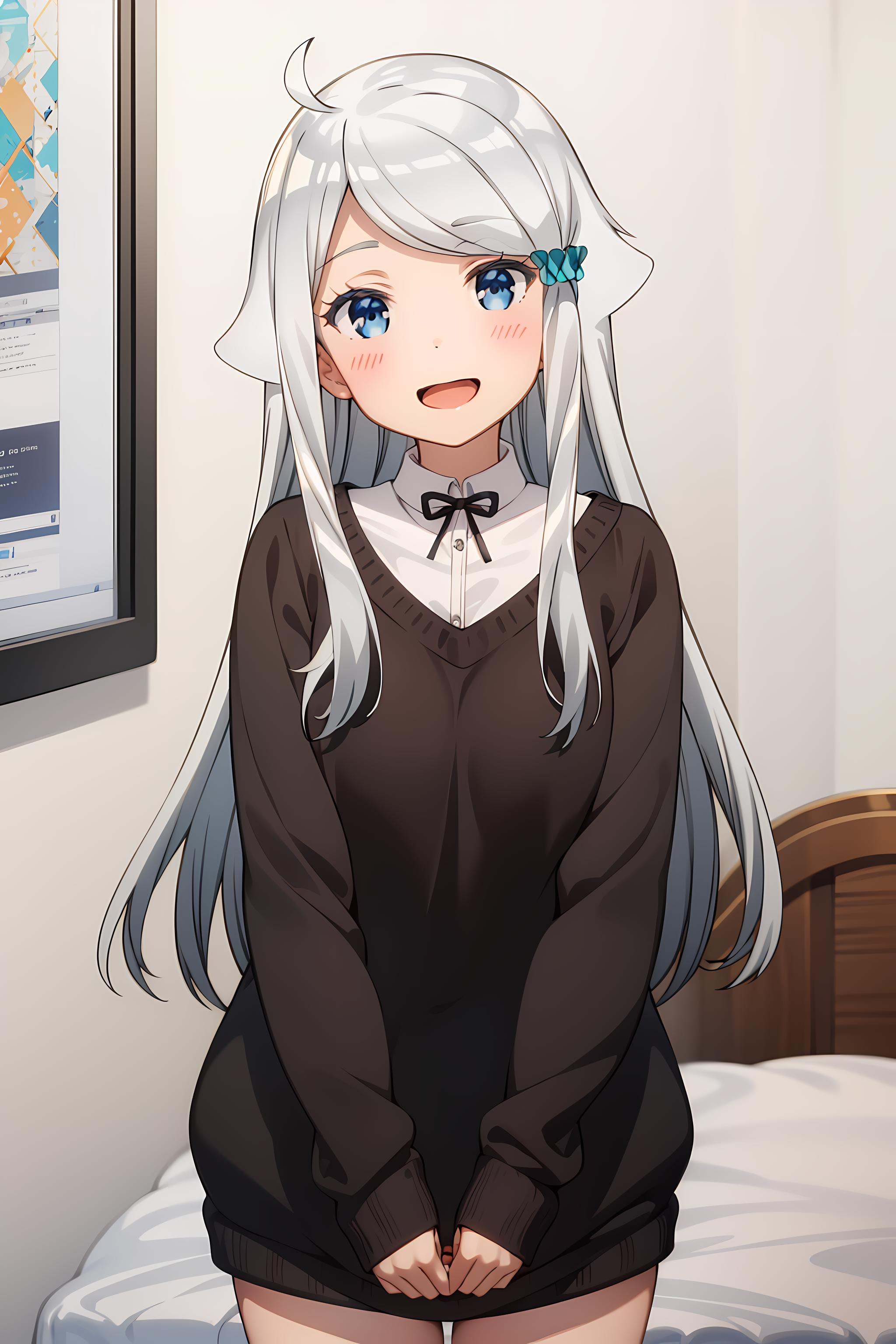 best quality, masterpiece, detailed,<lora:ImoutoSaeIrebaIi_KaniNayuta:0.8>, KaniNayuta,solo, open mouth, smile,grey hair, blue eyes, long hair, hair scrunchie, (blue scunchie:1.2), hair flaps, ahoge,NayuSweater, black sweater, white shirt, collared shirt, ribbon,standing, head tilt, looking at viewer,indoors, bookshelf, bed, computer