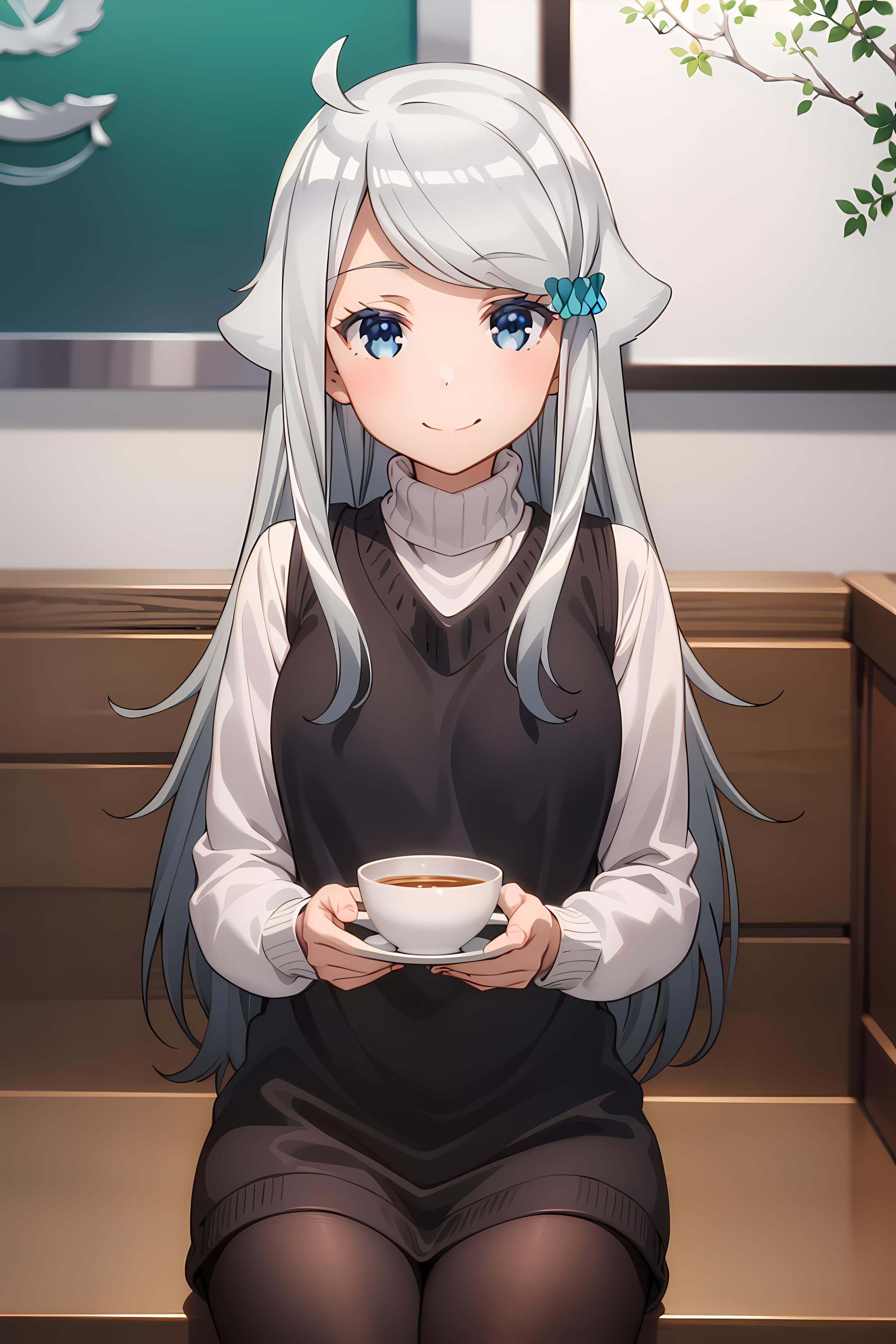 best quality, masterpiece, detailed,<lora:ImoutoSaeIrebaIi_KaniNayuta:0.8>, KaniNayuta,1girl, solo, closed mouth, smile,grey hair, blue eyes, long hair, hair scrunchie, (blue scunchie:1.2), hair flaps, ahoge,NayuCasual, black vest, turtleneck, sweater, layered clothes,sitting, looking at viewer,indoors, cafe