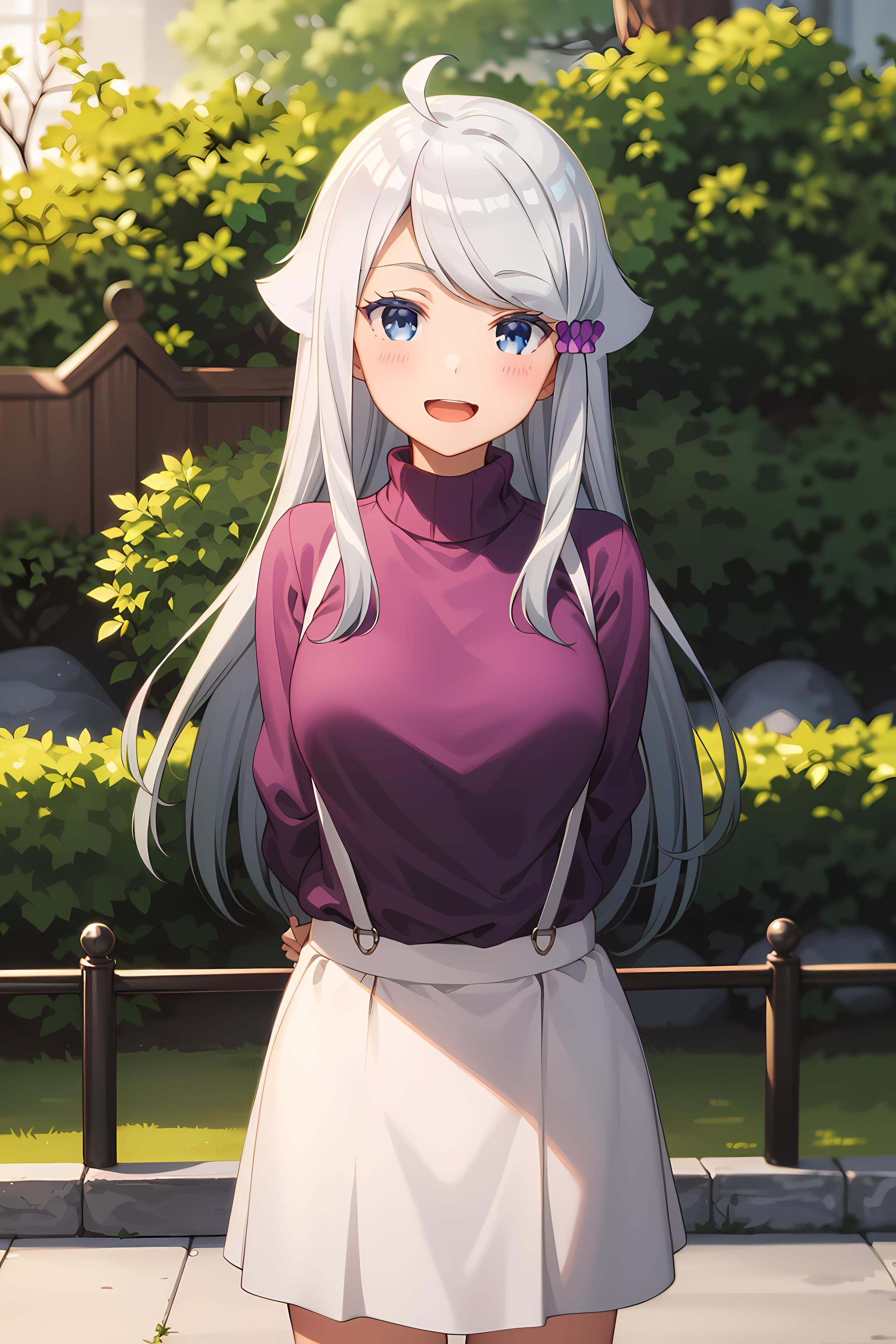 best quality, masterpiece, detailed,<lora:ImoutoSaeIrebaIi_KaniNayuta:0.8>, KaniNayuta,1girl, solo, open mouth, smile, blush,grey hair, blue eyes, long hair, hair scrunchie, (pink scunchie:1.2), hair flaps, ahoge,NayuCasual2, (purple sweater:1.3), white skirt,  suspenders, shirt tucked in, standing, arms behind back, looking at viewer,outdoors, park, tree
